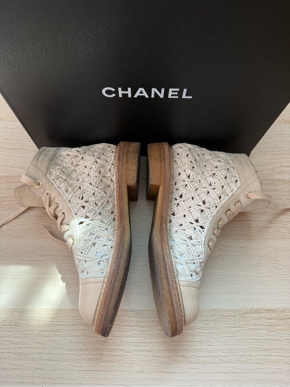 CHANEL Cream Crochet Lace-Up High-Top Boots - Picture 4 of 15